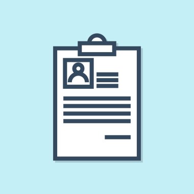 Mavi arka planda izole edilmiş özgeçmiş simgesine sahip mavi çizgi Panosu. Cv başvurusu. Özgeçmiş, profil fotoğrafı ile iş başvuru formu. Vektör İllüstrasyonu