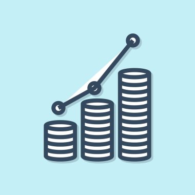 Mavi çizgi Pasta grafik infografik ve sikke simgesi mavi arka plan üzerinde izole. Diyagram grafik işareti. Vektör İllüstrasyonu