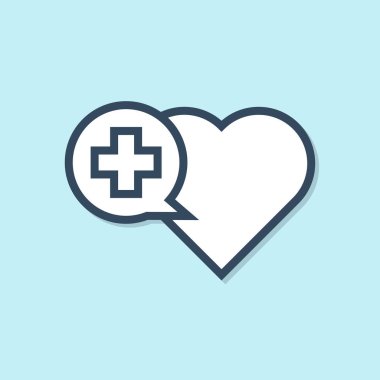 Mavi arka plan üzerinde izole edilmiş çapraz simgeli Mavi çizgi Kalp. İlk yardım. Sağlık, sağlık ve eczane işareti. Vektör İllüstrasyonu