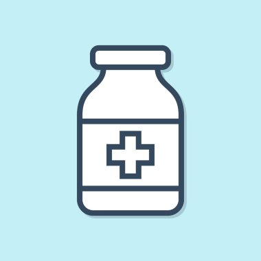 Mavi çizgi Tıp şişe simgesi mavi arka plan üzerinde izole. Şişe hapı işareti. Eczane tasarımı. Vektör İllüstrasyonu