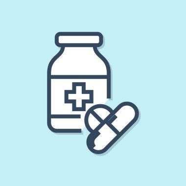 Mavi çizgi Tıp şişe ve hap simgesi mavi arka plan üzerinde izole. Şişe hapı işareti. Eczane tasarımı. Vektör İllüstrasyonu