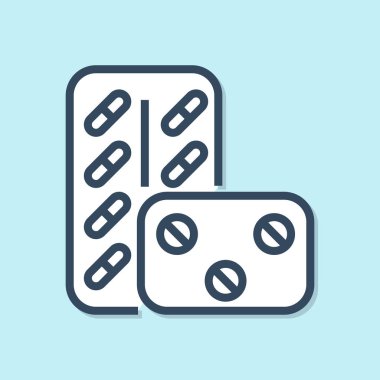 Mavi arka planda izole blister paketi simgesi mavi çizgi Pills. Tablet vitamini, antibiyotik, aspirin için tıbbi ilaç paketi. Vektör İllüstrasyonu