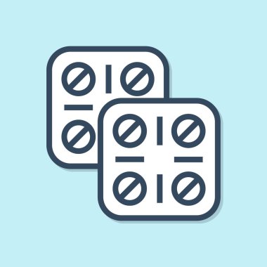 Mavi arka planda izole blister paketi simgesi mavi çizgi Pills. Tablet vitamini, antibiyotik, aspirin için tıbbi ilaç paketi. Vektör İllüstrasyonu