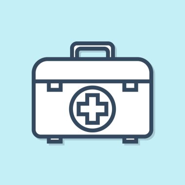 Mavi çizgi ilk yardım çantası simgesi mavi arkaplanda izole edildi. Haçlı sağlık kutusu. Acil durumlar için tıbbi ekipman. Sağlık sigortası konsepti. Vektör İllüstrasyonu