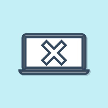 Mavi çizgi Laptop ve mavi arka planda yalıtılmış ekran simgesi üzerinde çapraz işareti. Hata penceresi, çıkış düğmesi, iptal, 404 hata sayfası kavramı bulunamadı. Vektör İllüstrasyonu