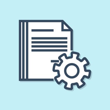 Mavi arka planda yalıtılmış dişlisimgesine sahip Mavi çizgi Belge ayarları. Yazılım güncellemesi, transfer protokolü, takım çalışması araç yönetimi. Vektör İllüstrasyonu