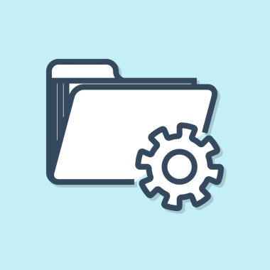 Mavi arka planda yalıtılmış dişlisimgesiolan Mavi çizgi Klasör ayarları. Yazılım güncellemesi, transfer protokolü, takım çalışması araç yönetimi. Vektör İllüstrasyonu