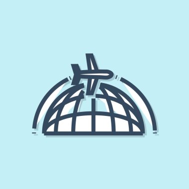 Mavi arka planda izole uçan uçak simgesi ile Mavi çizgi Globe. Uçak dünya gezegeninin etrafında uçar. Uçak dünya simgesi. Vektör İllüstrasyonu