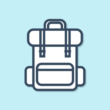 Mavi çizgi Yürüyüş sırt çantası simgesi mavi arkaplanda izole edildi. Kamp ve dağ gezisi sırt çantası. Vektör İllüstrasyonu