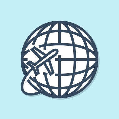 Mavi arka planda izole uçan uçak simgesi ile Mavi çizgi Globe. Uçak dünya gezegeninin etrafında uçar. Uçak dünya simgesi. Vektör İllüstrasyonu
