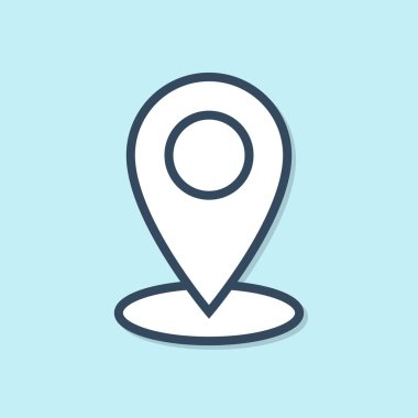 Mavi çizgi Harita pin simgesi mavi arka planda yalıtılmış. Navigasyon, işaretçi, yer, harita, gps, yön, yer, pusula, iletişim, arama konsepti. Vektör İllüstrasyonu