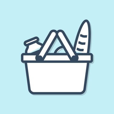 Mavi çizgi alışveriş sepeti ve yiyecek ikonu mavi arka planda izole edilmiş. Yiyecek dükkanı, süpermarket. Vektör İllüstrasyonu