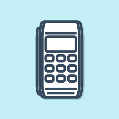 Mavi arka planda yalıtılmış Mavi çizgi Pos terminal simgesi. Ödeme terminali işlemi. Kartla ödeyin. Vektör İllüstrasyonu