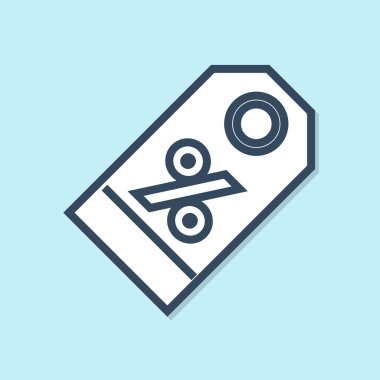 Mavi çizgi indirimli etiket simgesi mavi arkaplanda izole edildi. Etiket alışverişi. Özel teklif işareti. İndirim kuponları sembolü. Vektör İllüstrasyonu