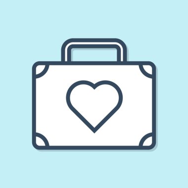 Mavi çizgi Bavul mavi arka plan üzerinde izole kalp simgesi ile seyahat için. Balayı sembolü. Seyahat bagaj işareti. Seyahat bagaj simgesi. Vektör İllüstrasyonu