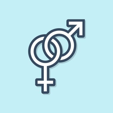 Mavi çizgi Cinsiyet simgesi mavi arka planda yalıtılmış. Kadın ve erkeğin sembolleri. Seks sembolü. Vektör İllüstrasyonu