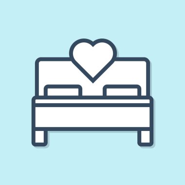 Mavi çizgi Yatak Odası simgesi mavi arka plan üzerinde izole. Düğün, aşk, evlilik sembolü. Balayı koleksiyonundan yatak odası yaratıcı simgesi. Vektör İllüstrasyonu