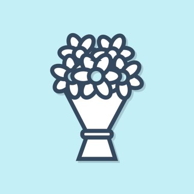 Mavi çizgi Buket çiçek simgesi mavi arka plan üzerinde izole. Vektör İllüstrasyonu