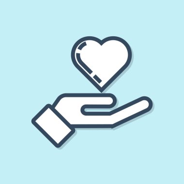 Mavi çizgi Kalp el simgesi mavi arka plan üzerinde izole. El aşk sembolü veriyor. Vektör İllüstrasyonu