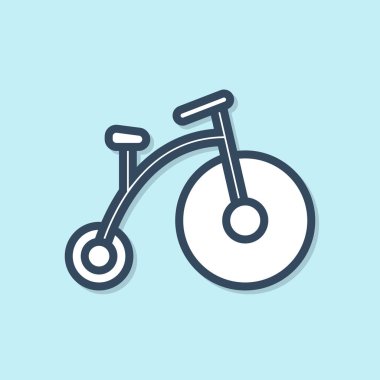 Mavi çizgi Vintage bisiklet bir büyük tekerlek ve mavi arka plan üzerinde izole küçük bir simge ile. Bisiklet toplu taşıma işareti. Vektör İllüstrasyonu