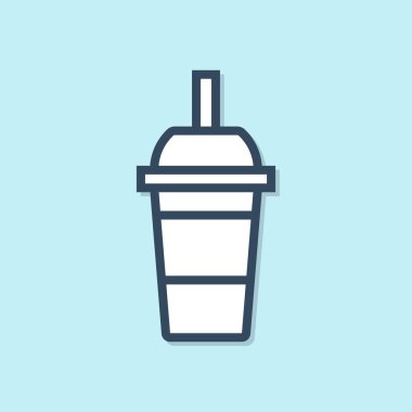 Mavi çizgi Kağıt cam içme saman ve su simgesi mavi arka plan üzerinde izole ile. Soda bardak iç. Taze soğuk içecek sembolü. Vektör İllüstrasyonu