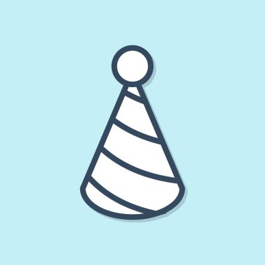 Mavi çizgi Parti şapka simgesi mavi arka plan üzerinde izole. Doğum günü şapkası. Vektör İllüstrasyonu