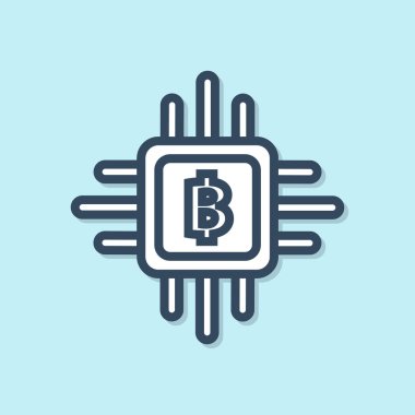 Mavi çizgi Cpu madenciliği çiftlik simgesi mavi arka plan üzerinde izole. Bitcoin işlemci içinde işareti. Kripto para madenciliği topluluğu. Dijital para. Vektör İllüstrasyonu
