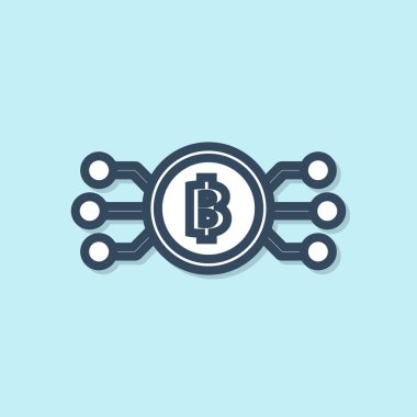 Mavi çizgi Cryptocurrency bitcoin mavi arka plan üzerinde izole mikroçip devre simgesi ile daire içinde. Blockchain teknolojisi, dijital para piyasası. Vektör İllüstrasyonu