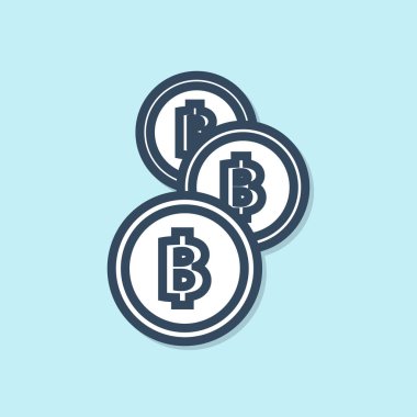 Mavi çizgi Cryptocurrency sikke Bitcoin simgesi mavi arka plan üzerinde izole. Fiziksel biraz para. Blockchain tabanlı güvenli kripto para birimi. Vektör İllüstrasyonu