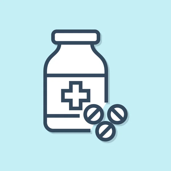 Línea azul botella de medicina y pastillas icono aislado sobre fondo azul. Signo de la píldora. Diseño de farmacia. Ilustración vectorial — Vector de stock