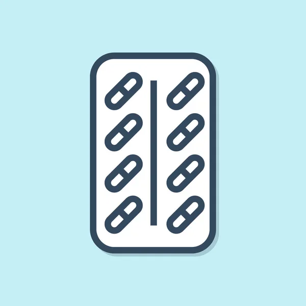 Pílulas de linha azul no ícone do blister pack isolado no fundo azul. Pacote de drogas médicas para a vitamina tablet, antibiótico, aspirina. Ilustração vetorial —  Vetores de Stock
