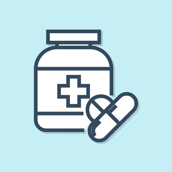 蓝线药瓶和药片图标隔离在蓝色背景上。瓶丸标志。药房设计。矢量插图 — 图库矢量图片