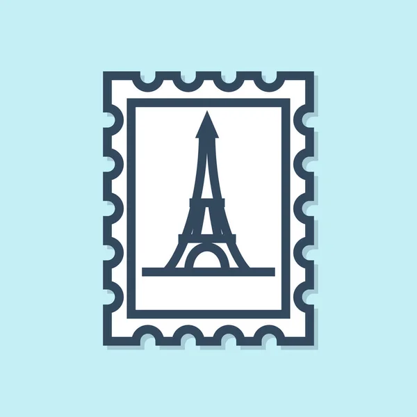 Carimbo postal de linha azul e ícone da torre Eiffel isolado no fundo azul. Ilustração vetorial — Vetor de Stock