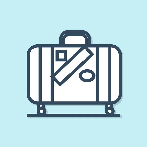 파란색 배경에 격리 된 여행 및 스티커 아이콘용 파란색 선 가방. 여행 수하물 표지판. 여행 수하물 아이콘입니다. 벡터 일러스트레이션 — 스톡 벡터