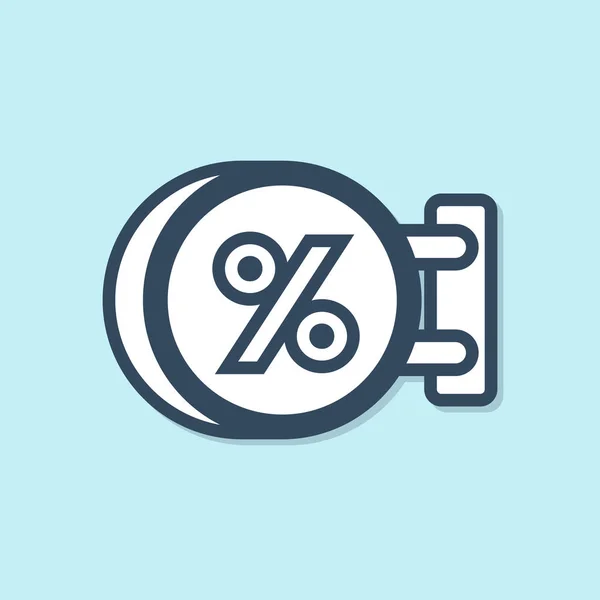 Sinalização de linha azul pendurado com uma inscrição ícone percentual de desconto isolado no fundo azul. Adequado para bar, café, bar, restaurante. Ilustração vetorial — Vetor de Stock