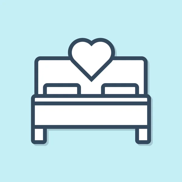 Línea azul Icono del dormitorio aislado sobre fondo azul. Boda, amor, símbolo del matrimonio. Dormitorio icono creativo de la colección de luna de miel. Ilustración vectorial — Vector de stock