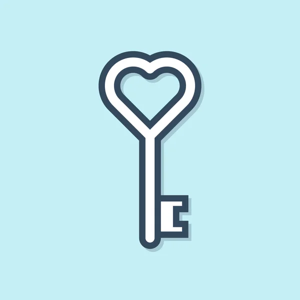 Blue line Key in heart shape icon isolated on blue background. Vector Illustration — Stock Vector