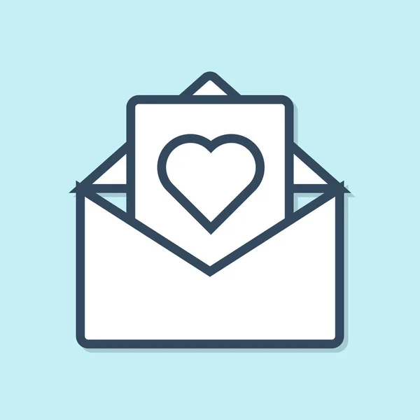 Blauwe lijn envelop met Valentijn hart pictogram geïsoleerd op blauwe achtergrond. Boodschap liefde. Letter liefde en romantiek. Vector illustratie — Stockvector