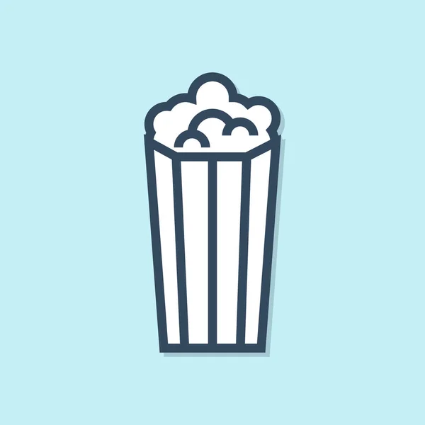 Blauwe lijn popcorn in kartonnen doos pictogram geïsoleerd op blauwe achtergrond. Popcorn emmer vak. Vector illustratie — Stockvector