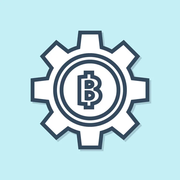 Linha azul Criptomoeda moeda ícone Bitcoin isolado no fundo azul. Configuração de engrenagem e Bitcoin. Blockchain baseado em moeda criptomoeda segura. Ilustração vetorial —  Vetores de Stock