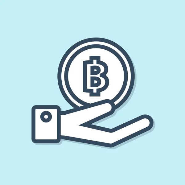 Blauwe lijn hand houden Bitcoin pictogram geïsoleerd op blauwe achtergrond. Blockchain-technologie, digitale geldmarkt, cryptocoin wallet. Vector illustratie — Stockvector