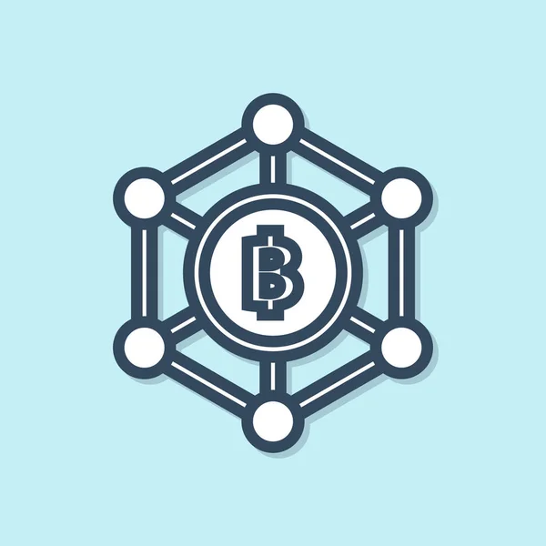 Blå linje blockchain-teknik Bitcoin ikon isolerad på blå bakgrund. Abstrakt geometrisk blockkedja nätverksteknik verksamhet. Vektor illustration — Stock vektor