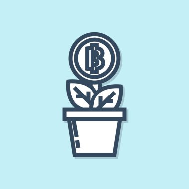 Mavi arka plan üzerinde izole pot simgesimavi çizgi Bitcoin bitki. İş yatırımı büyümesi. Blockchain teknolojisi, kripto para madenciliği. Vektör İllüstrasyonu