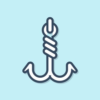 Mavi çizgili olta kancası ikonu mavi arkaplanda izole edildi. Balık oltası. Vektör İllüstrasyonu