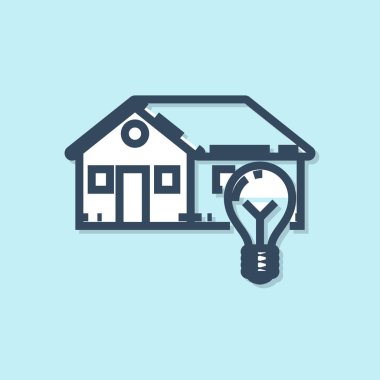 Mavi çizgi Akıllı ev ve ampul simgesi mavi arka plan üzerinde izole. Vektör İllüstrasyonu