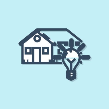 Mavi çizgi Akıllı ev ve ampul simgesi mavi arka plan üzerinde izole. Vektör İllüstrasyonu