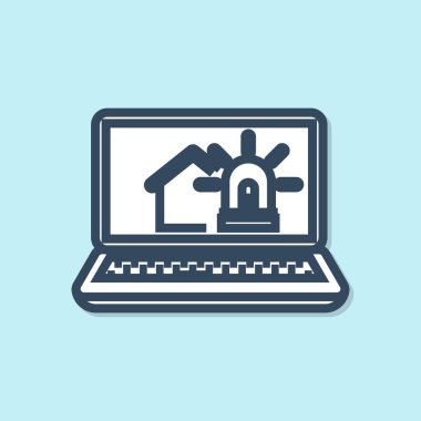 Mavi hat Dizüstü bilgisayar akıllı ev ve alarm simgesi mavi arka plan üzerinde izole ile. Akıllı evin güvenlik sistemi. Vektör İllüstrasyonu