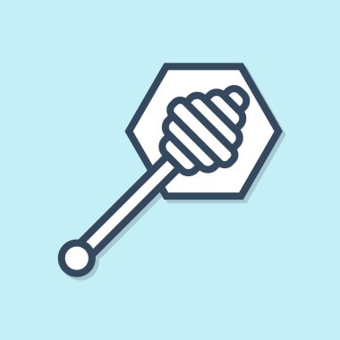 Mavi çizgi Bal dipper sopa simgesi mavi arka plan üzerinde izole. Bal kepçesi. Vektör İllüstrasyonu