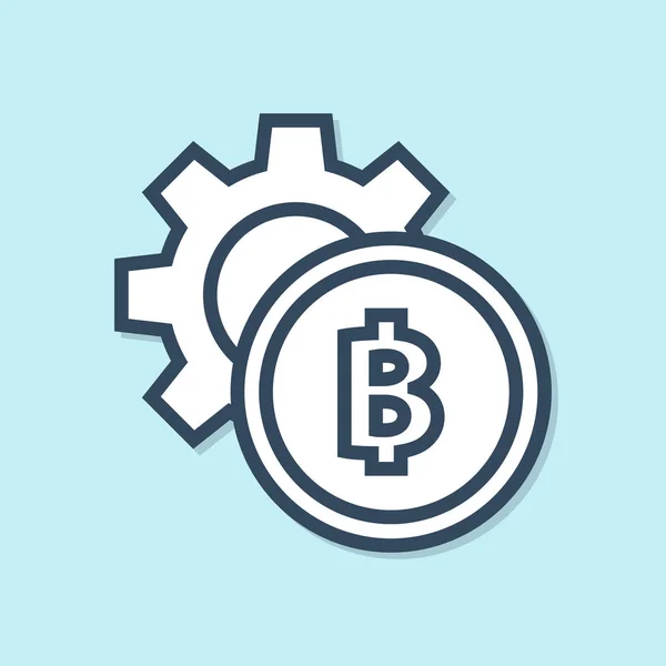 Línea azul Moneda criptomoneda Icono de Bitcoin aislado sobre fondo azul. Ajuste de engranajes y Bitcoin. Blockchain basado en criptomoneda segura. Ilustración vectorial — Vector de stock