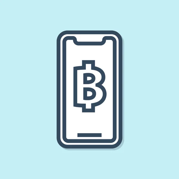 Niebieska linia telefon komórkowy i kryptowaluta moneta ikona Bitcoin izolowane na niebieskim tle. Fizyczna moneta bitowa. Blockchain oparta bezpieczna kryptowaluta. Ilustracja wektorowa — Wektor stockowy
